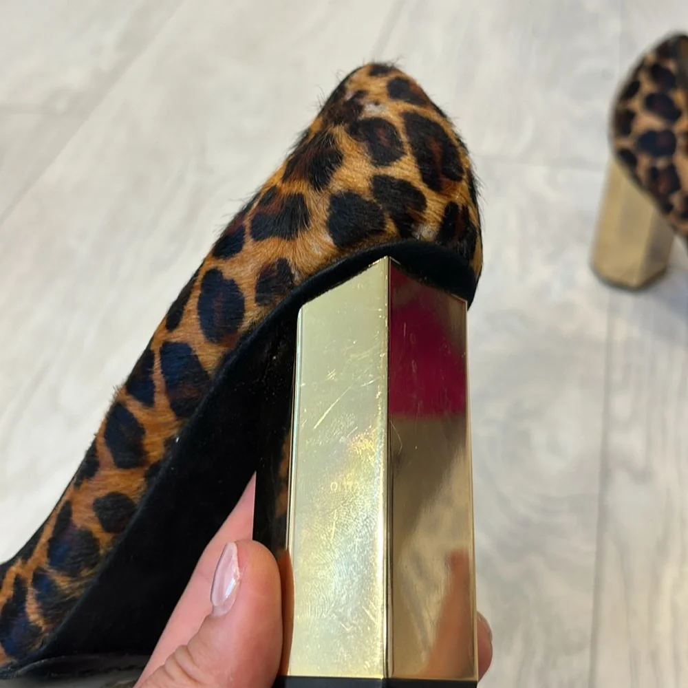 Tory Burch Leopard Print Pony Hair Pumps with Gold Block Heel